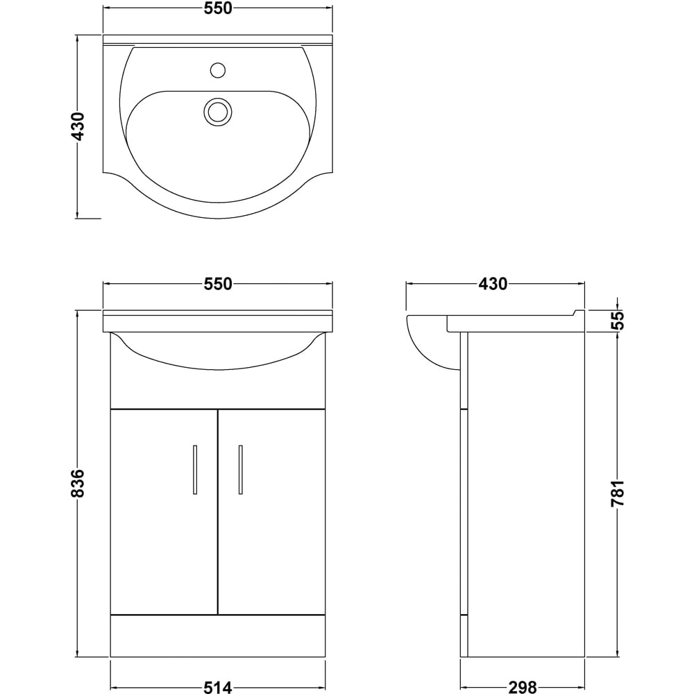 nuie Mayford 2 Door Gloss White Floor Standing Vanity Unit with Round Ceramic Basin 550mm