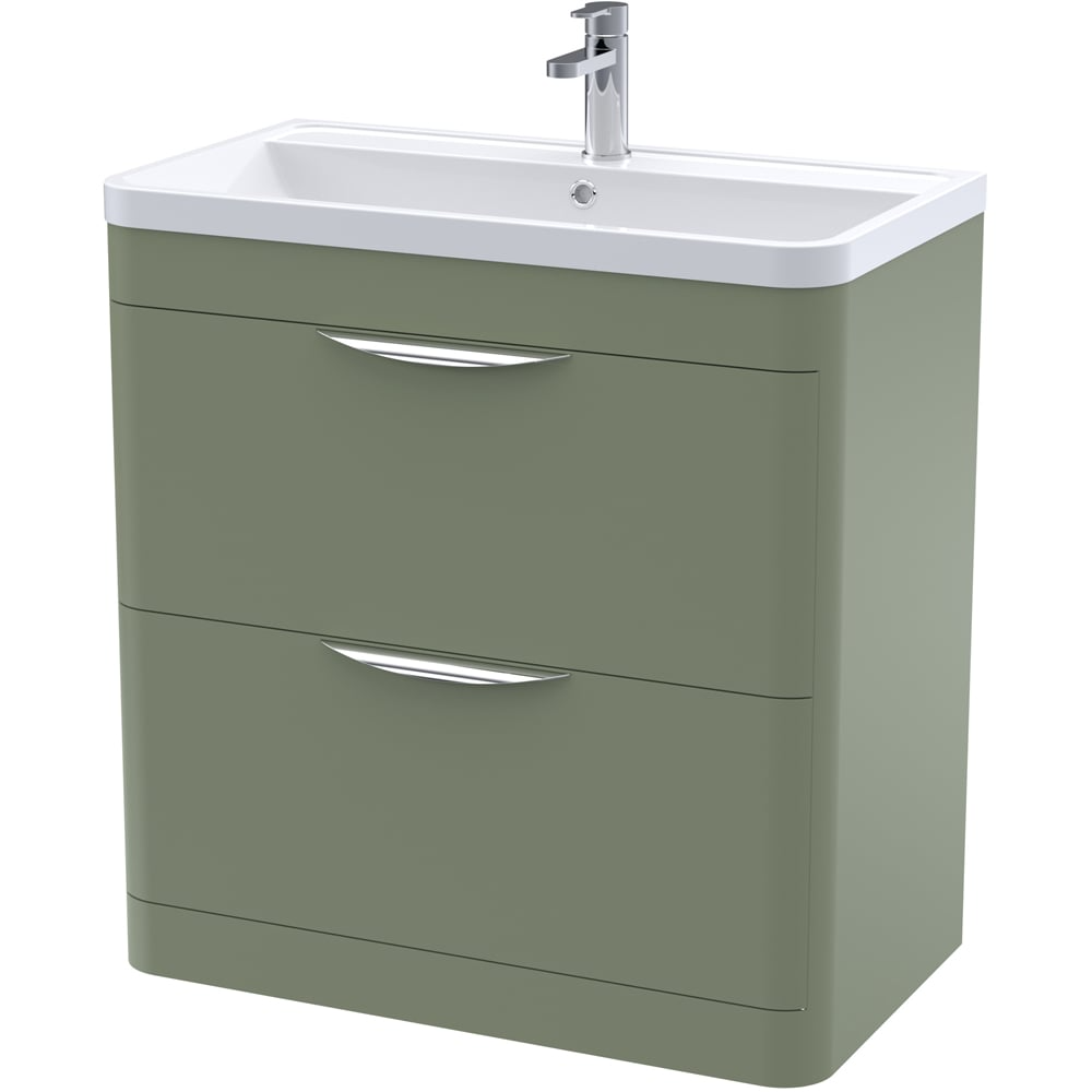 nuie Parade 2 Drawer Satin Green Floor Standing Vanity Unit and 1 Tap Hole Polymarble Basin 800mm
