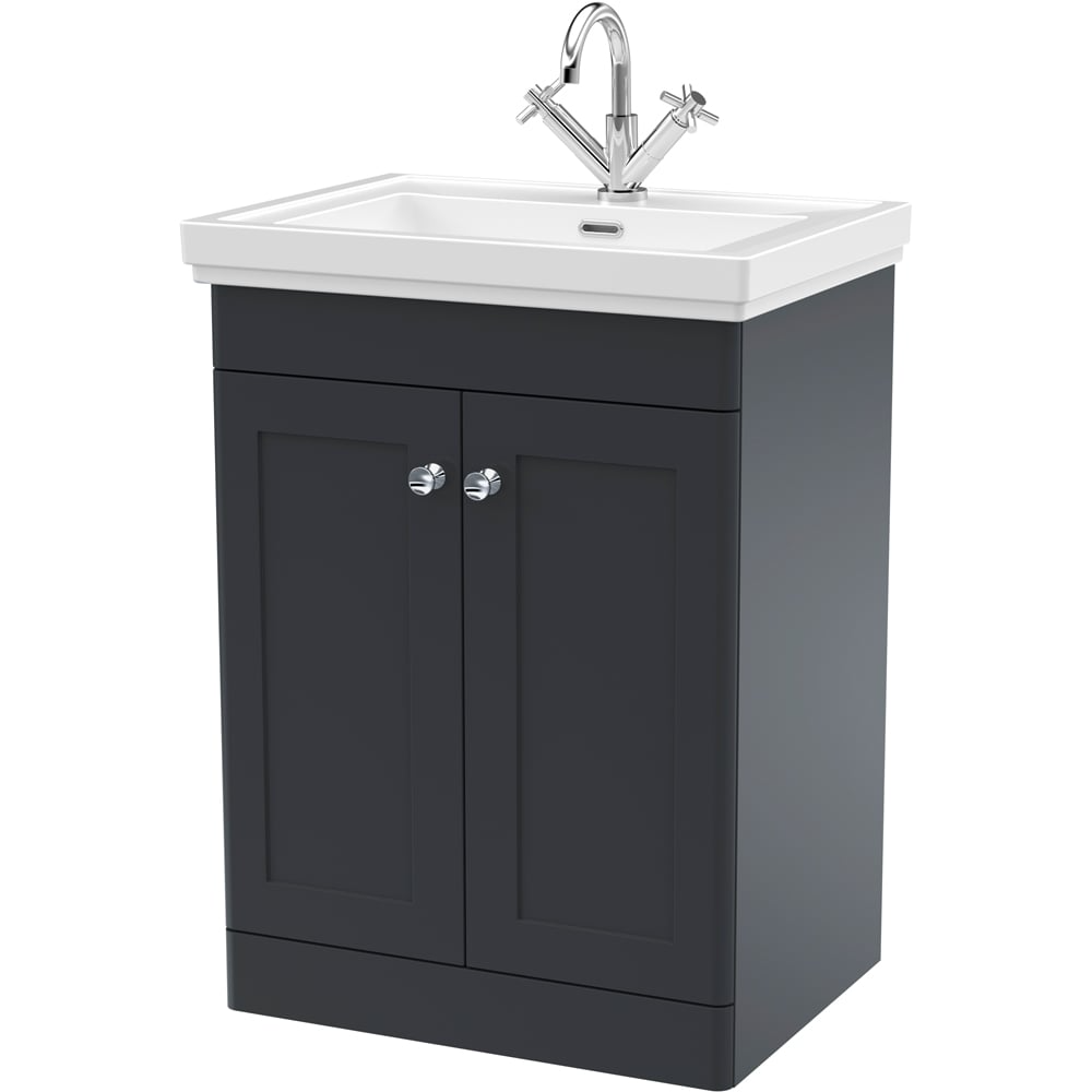nuie Classique 2 Door Soft Black Floor Standing Vanity Unit and 1 Tap Hole Fireclay Basin 600mm
