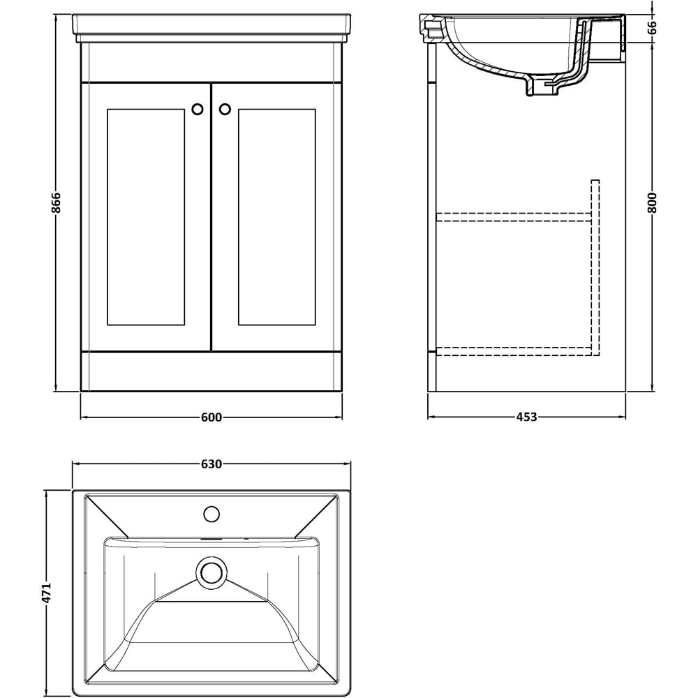 nuie Classique 2 Door Soft Black Floor Standing Vanity Unit and 1 Tap Hole Fireclay Basin 600mm