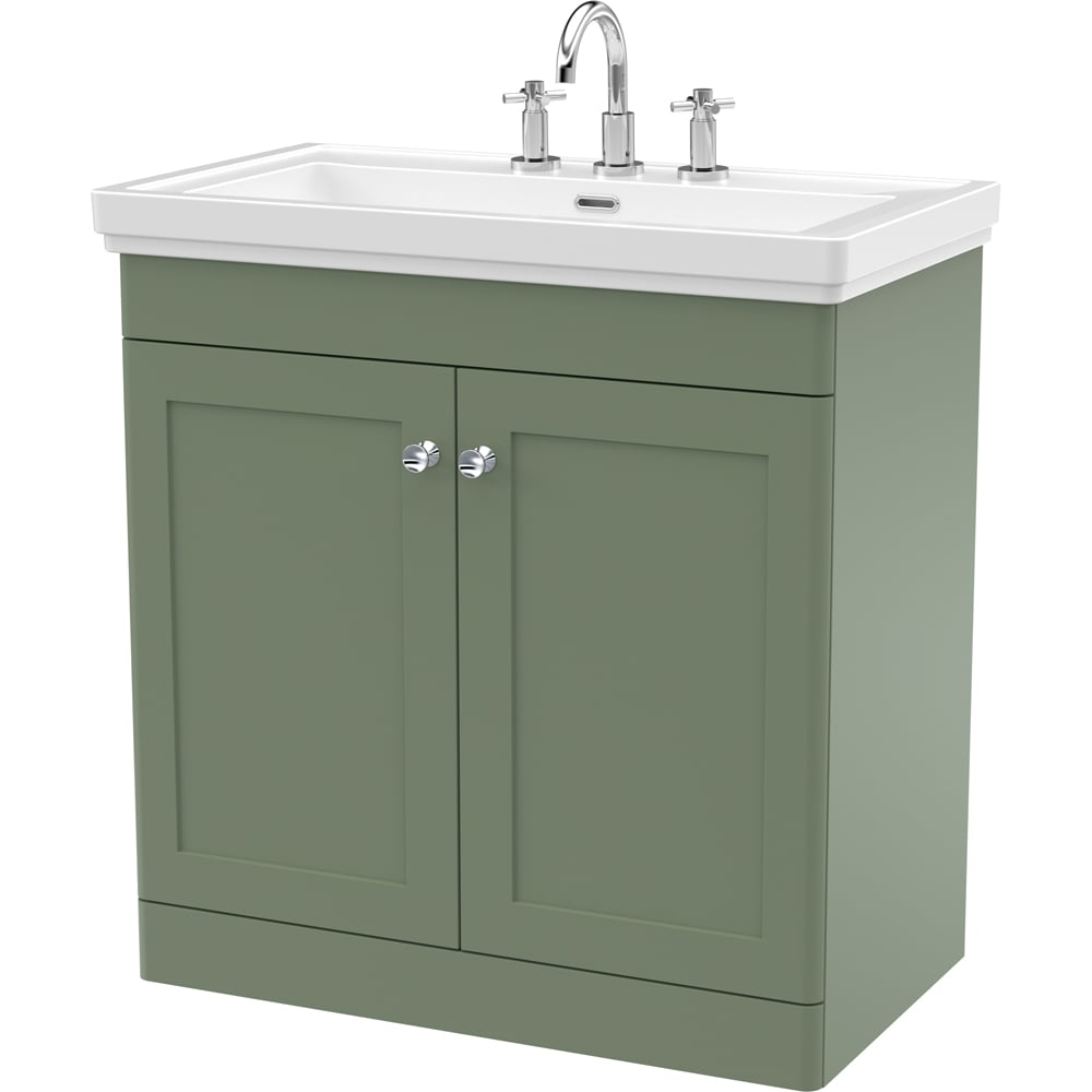 nuie Classique 2 Door Satin Green Floor Standing Vanity Unit and 3 Tap Hole Fireclay Basin 800mm