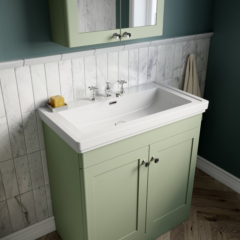 nuie Classique 2 Door Satin Green Floor Standing Vanity Unit and 3 Tap Hole Fireclay Basin 800mm