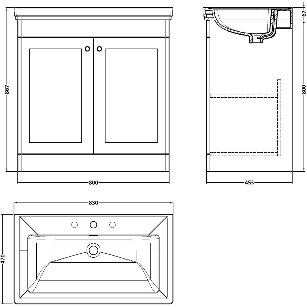 nuie Classique 2 Door Satin Green Floor Standing Vanity Unit and 3 Tap Hole Fireclay Basin 800mm