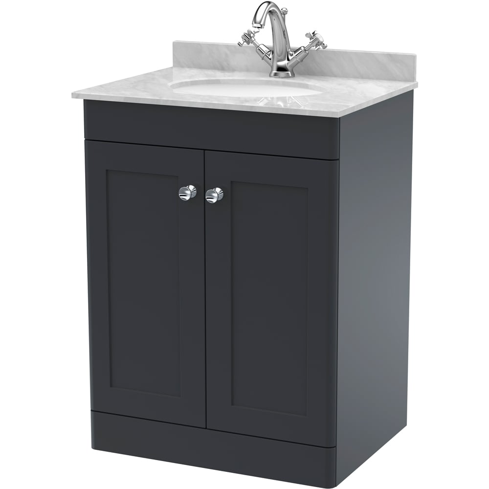 nuie Classique 2 Door Soft Black Floor Standing Unit and 1 Tap Hole Marble Top Oval Basin 600mm