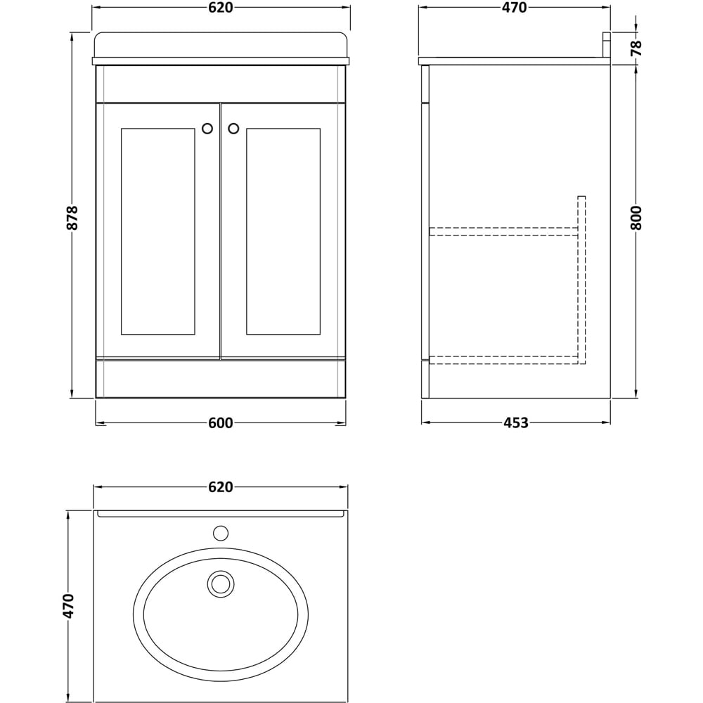 nuie Classique 2 Door Soft Black Floor Standing Unit and 1 Tap Hole Marble Top Oval Basin 600mm