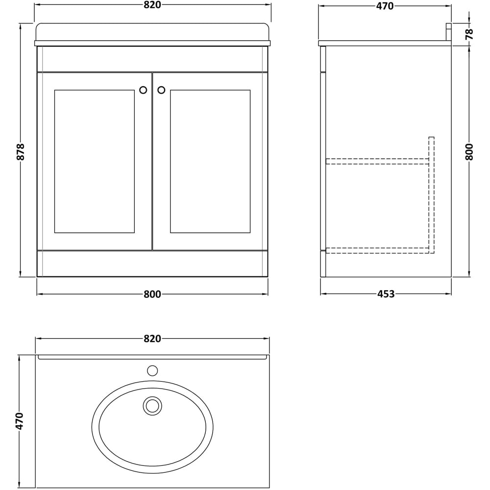 nuie Classique 2 Door Soft Black Floor Standing Unit and 1 Tap Hole Marble Top Oval Basin 800mm