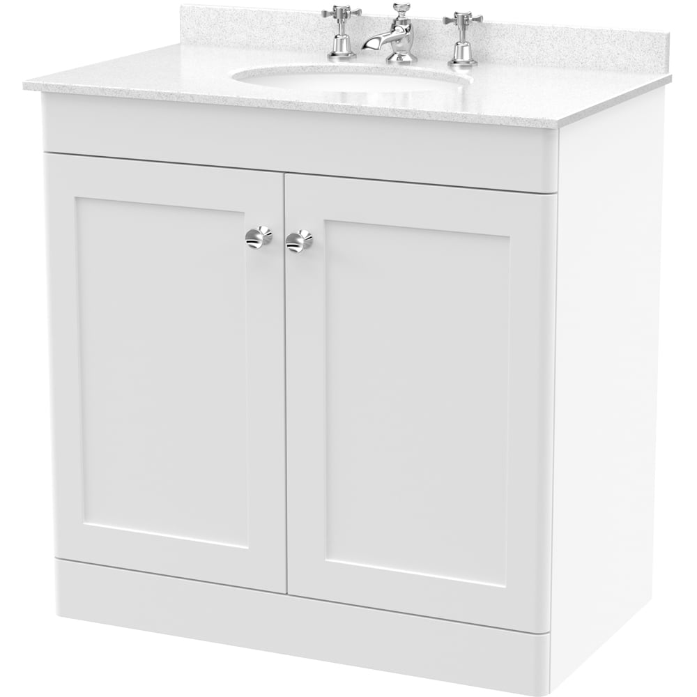 nuie Classique 2 Door Satin White Floor Standing Unit and 3 Tap Hole Marble Basin 800mm