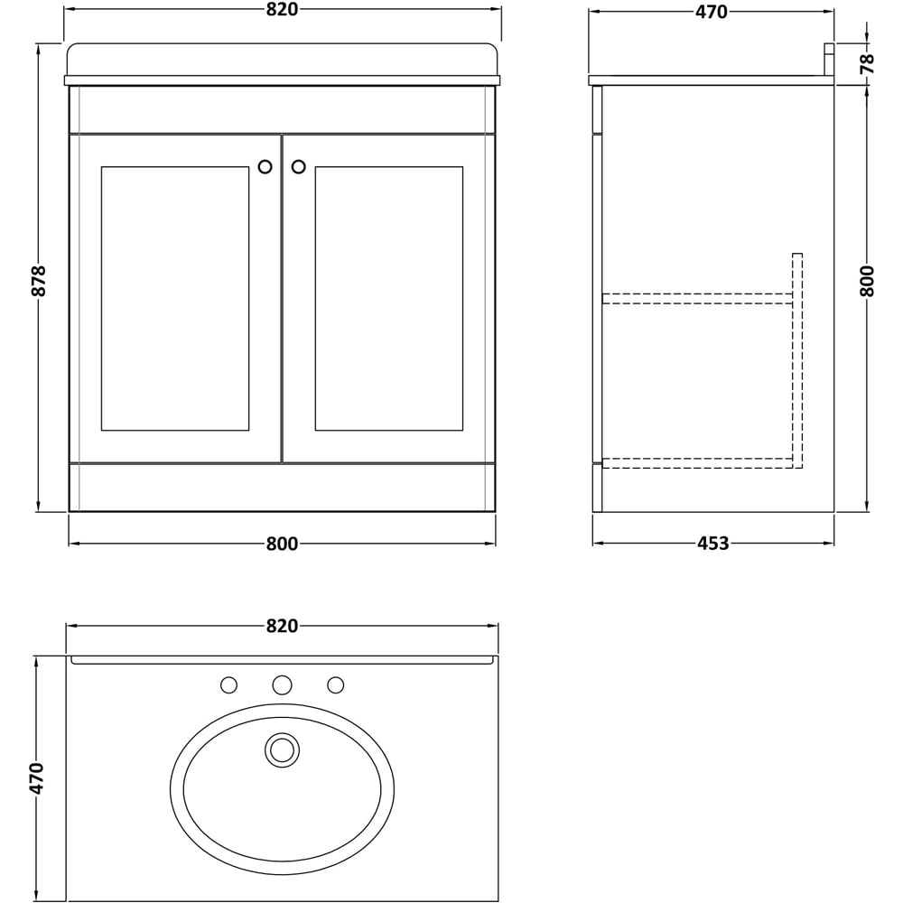 nuie Classique 2 Door Satin White Floor Standing Unit and 3 Tap Hole Marble Basin 800mm