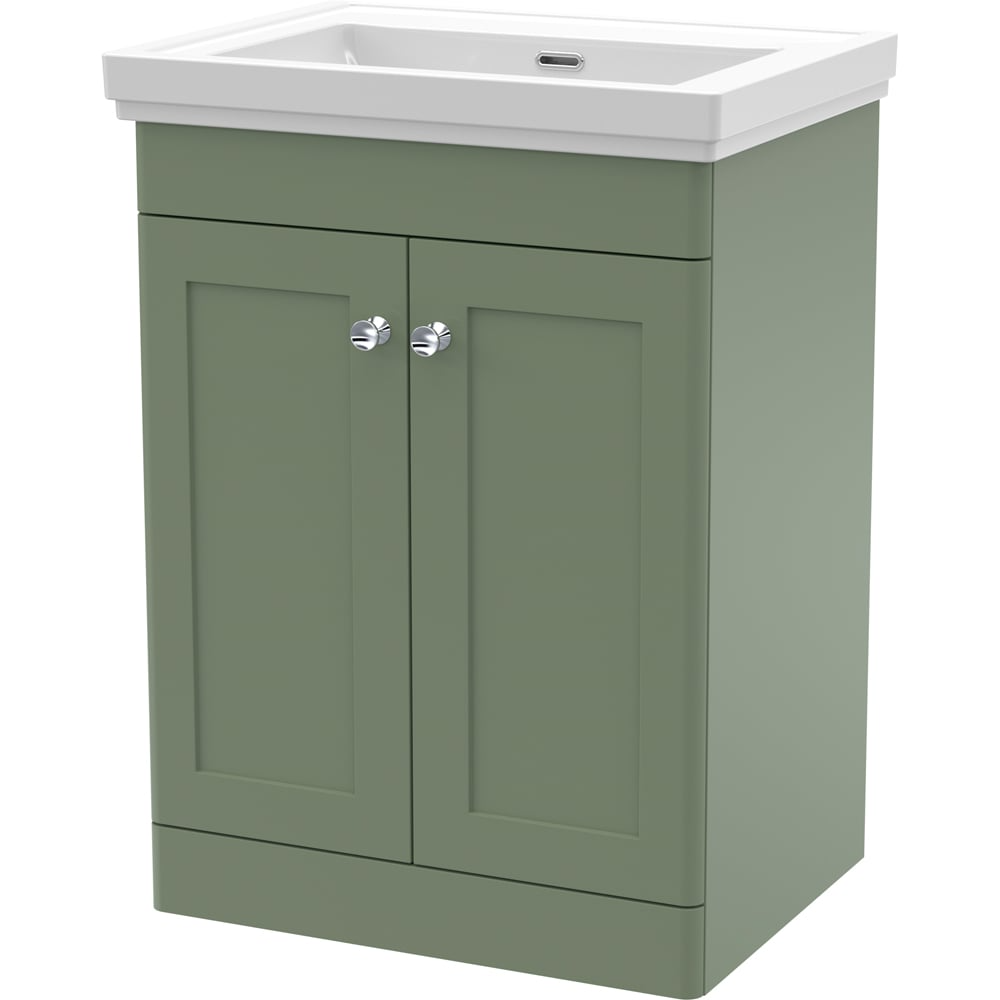 nuie Classique 2 Door Satin Green Floor Standing Unit and 0 Tap Hole Fireclay Basin 600mm