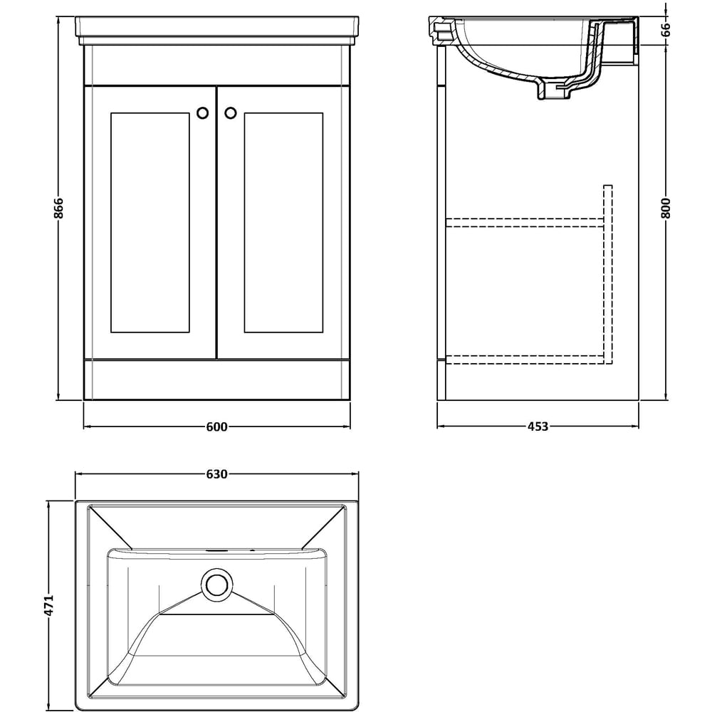 nuie Classique 2 Door Satin Green Floor Standing Unit and 0 Tap Hole Fireclay Basin 600mm