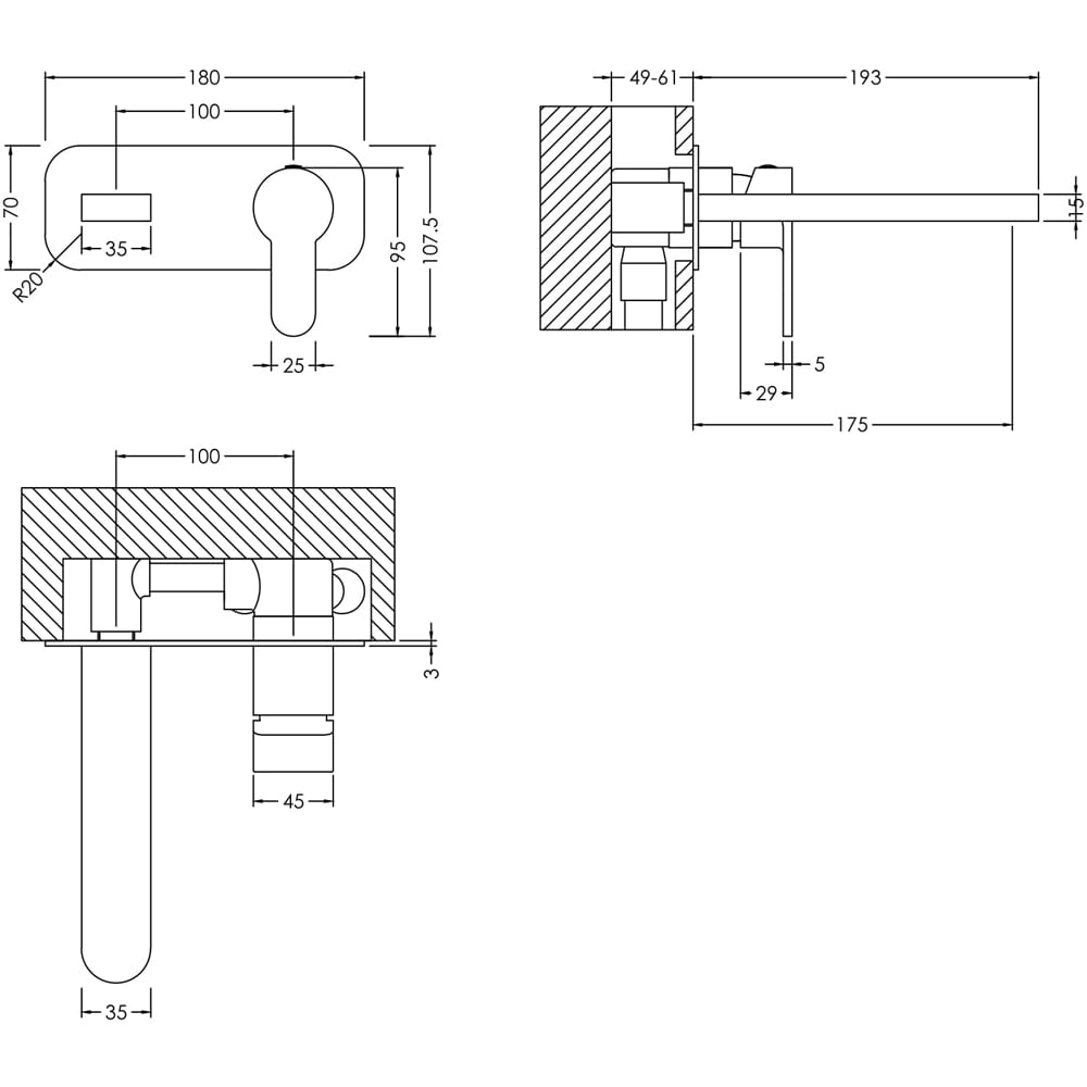 nuie Arvan Brushed Brass Wall Mounted 2 Tap Hole Basin Mixer with Plate