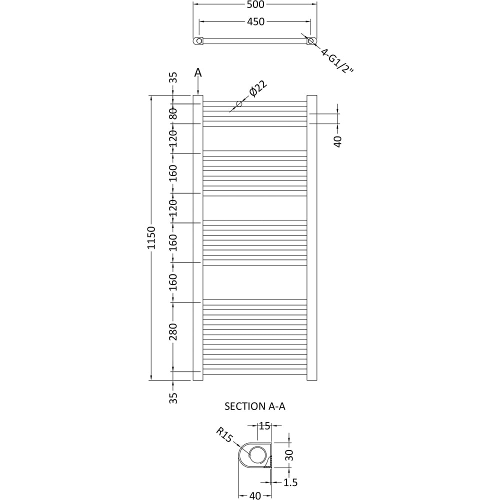 nuie Anthracite Straight Ladder Rail 1150 x 500mm