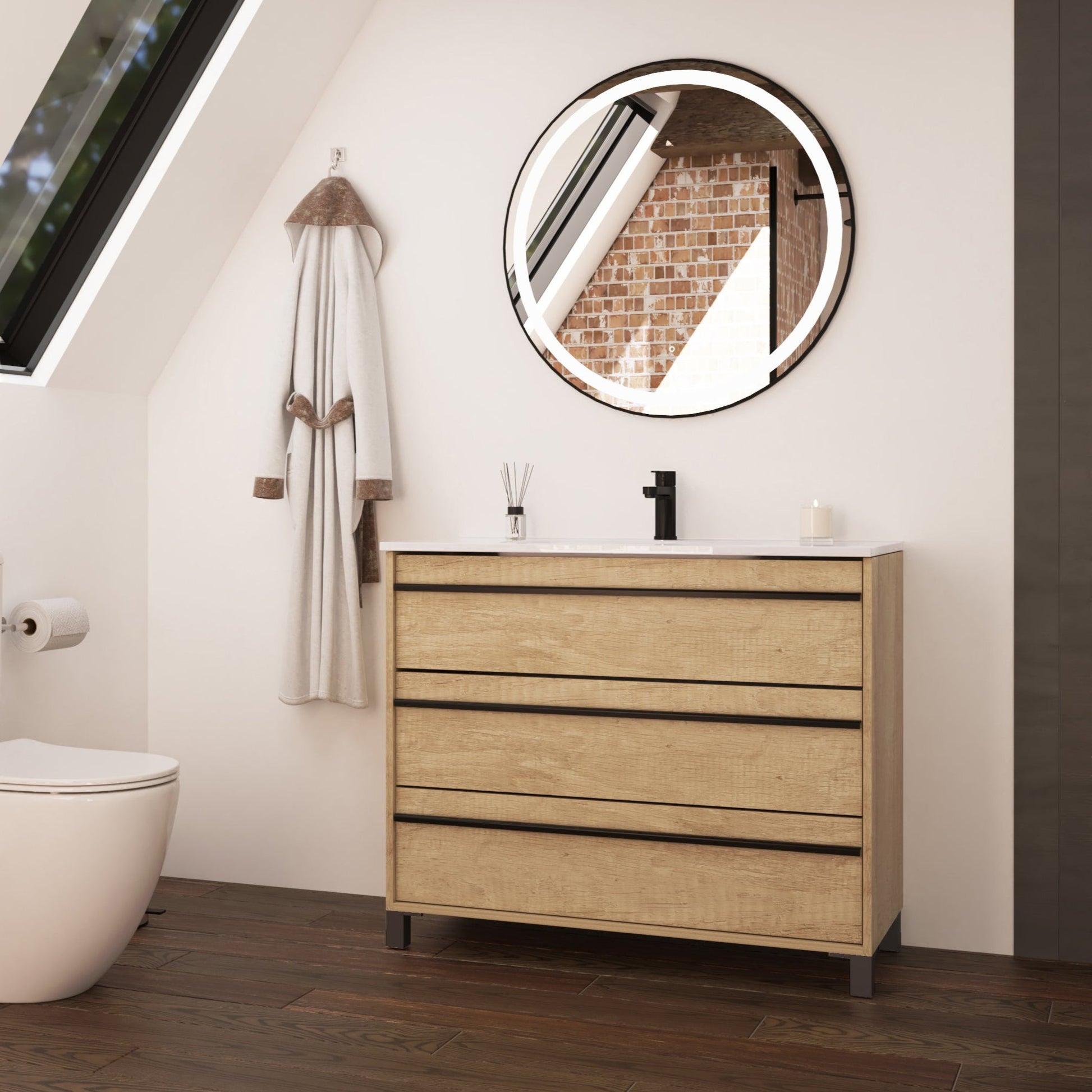 Mattila Noir 1000mm Floorstanding Vanity Unit with Matt Black Handles - Rustic Oak