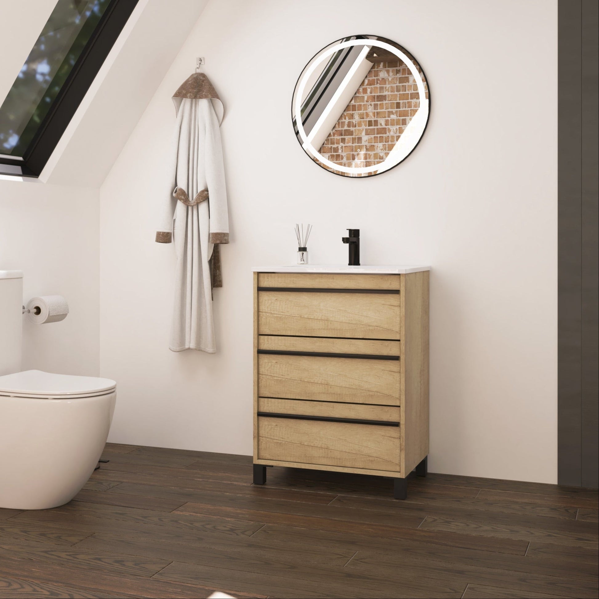 Mattila Noir 600mm Floorstanding Vanity Unit with Matt Black Handles - Rustic Oak