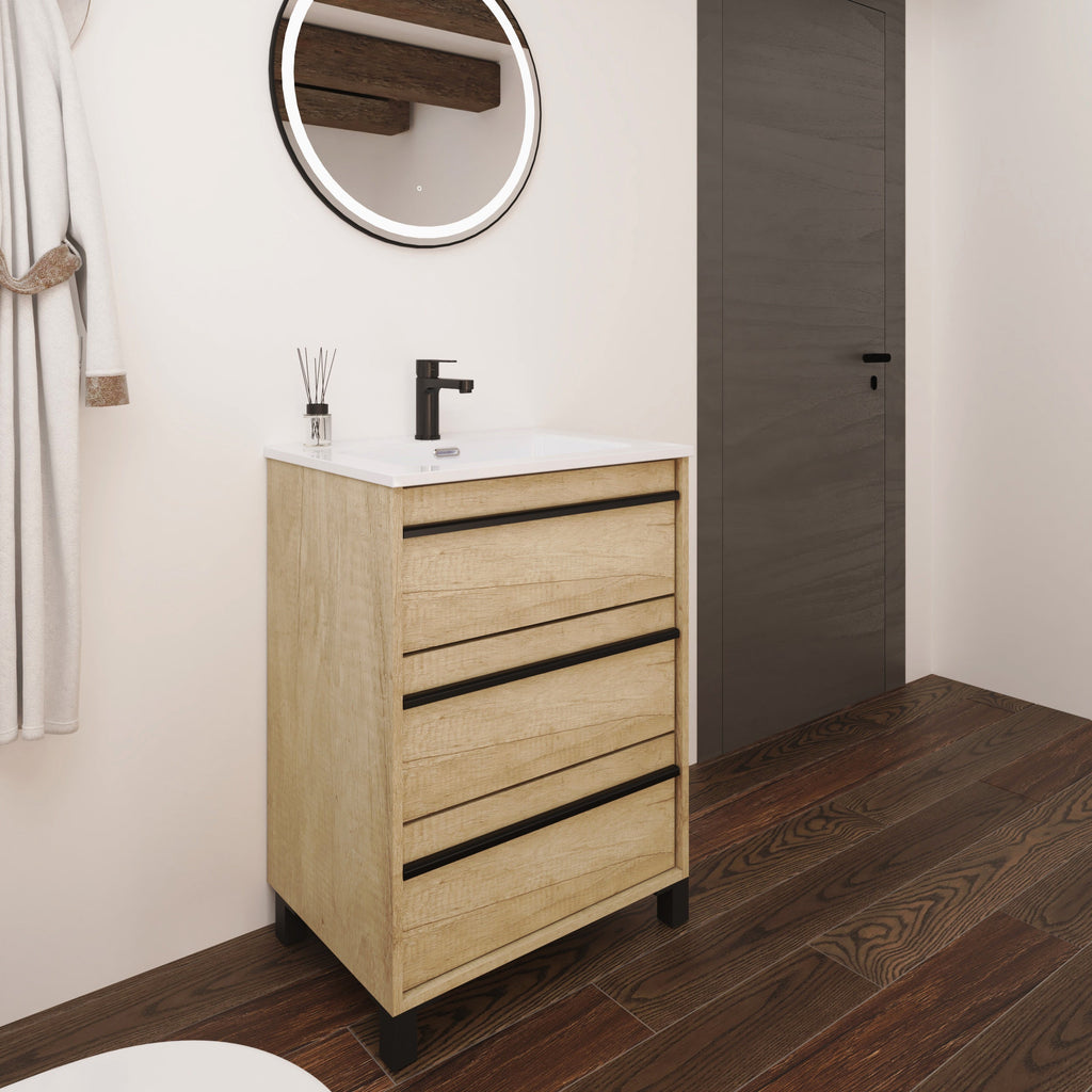 Mattila Noir 600mm Floorstanding Vanity Unit with Matt Black Handles - Rustic Oak