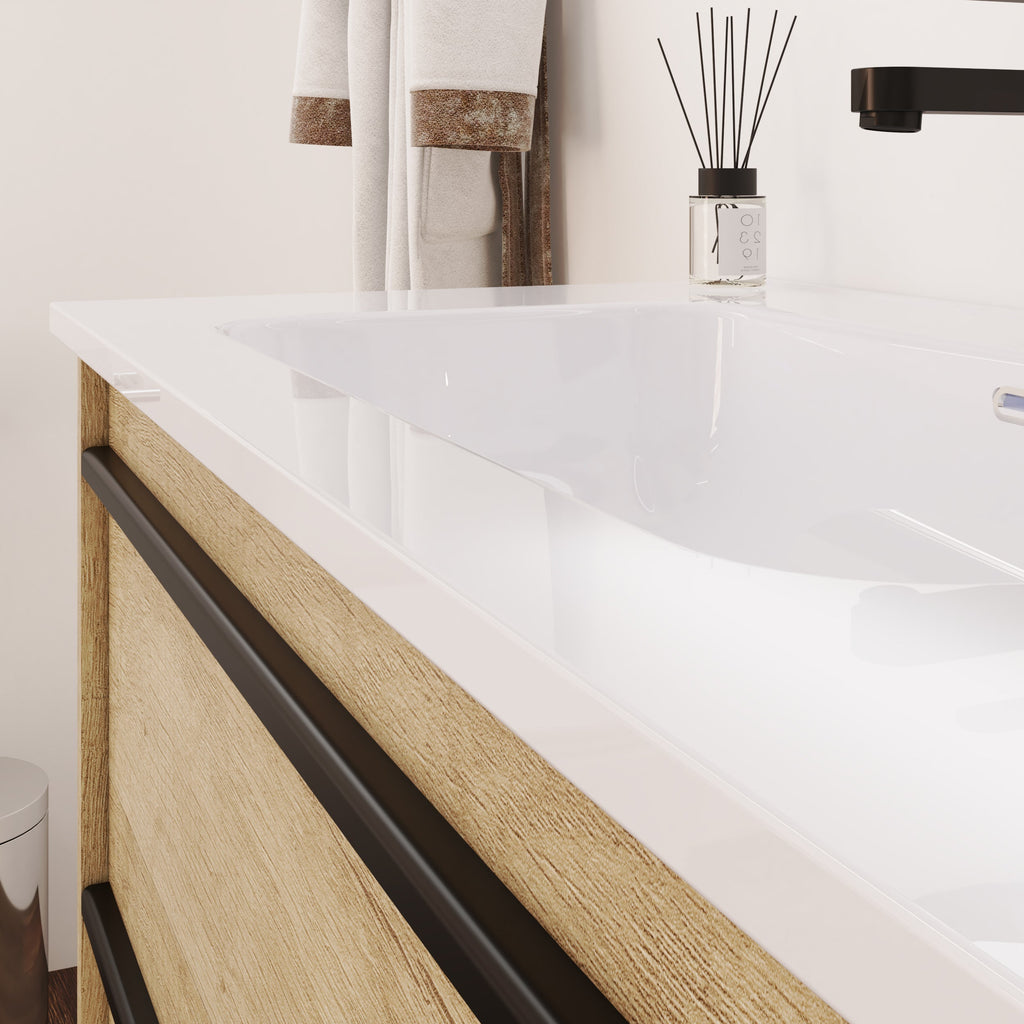 Mattila Noir 600mm Floorstanding Vanity Unit with Matt Black Handles - Rustic Oak