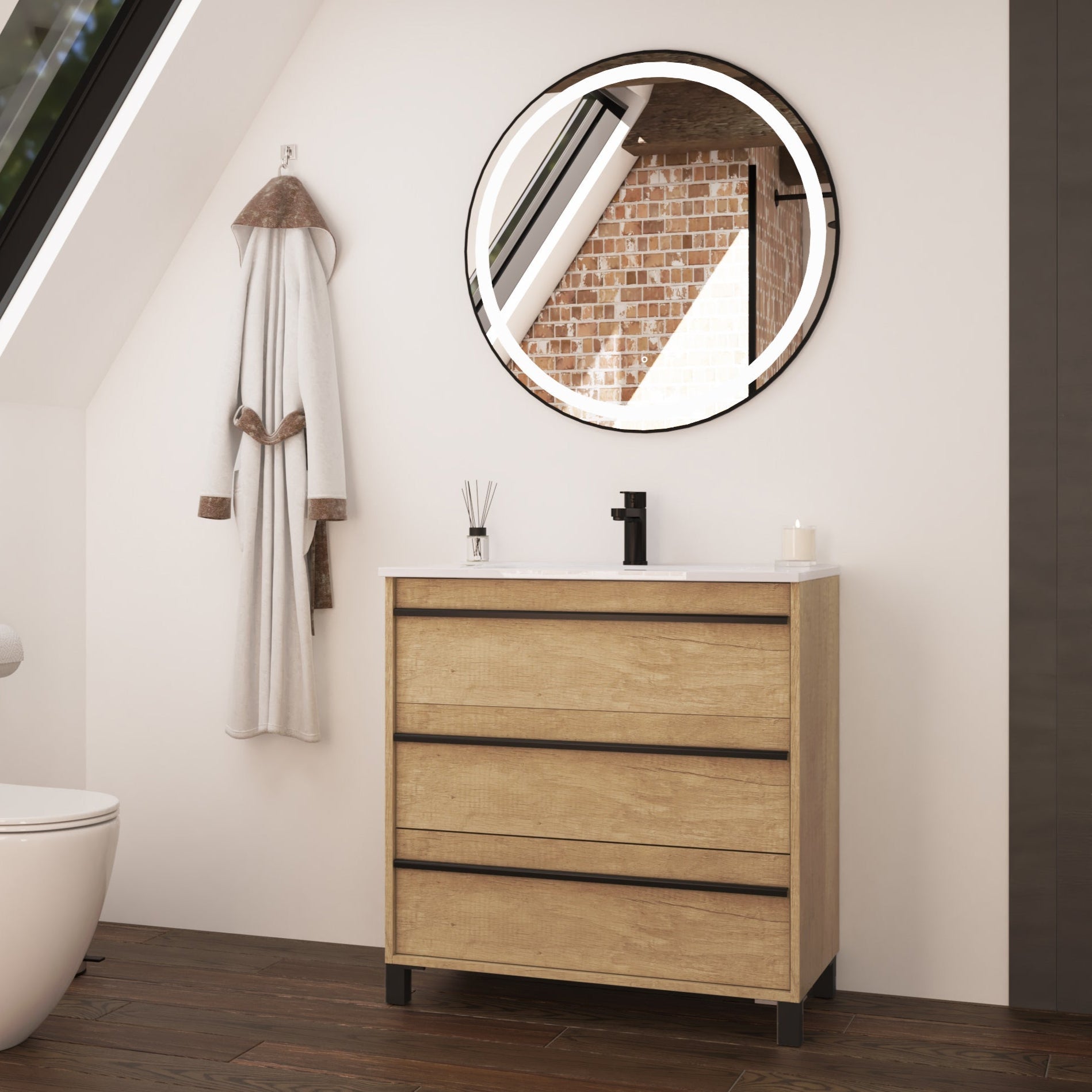 Mattila Noir 800mm Floorstanding Vanity Unit with Matt Black Handles - Rustic Oak