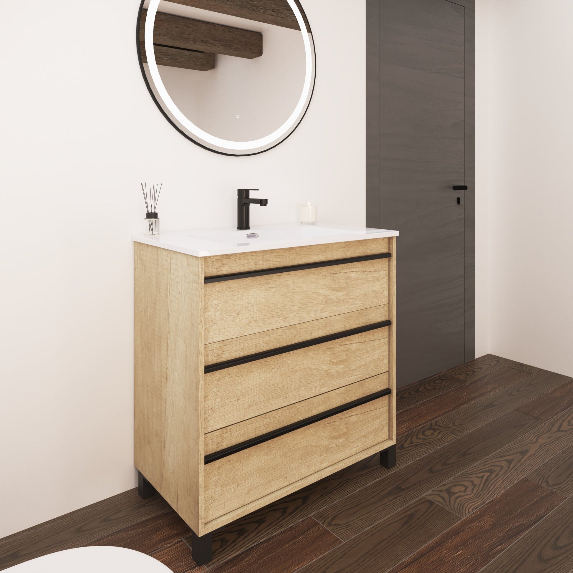 Mattila Noir 800mm Floorstanding Vanity Unit with Matt Black Handles - Rustic Oak