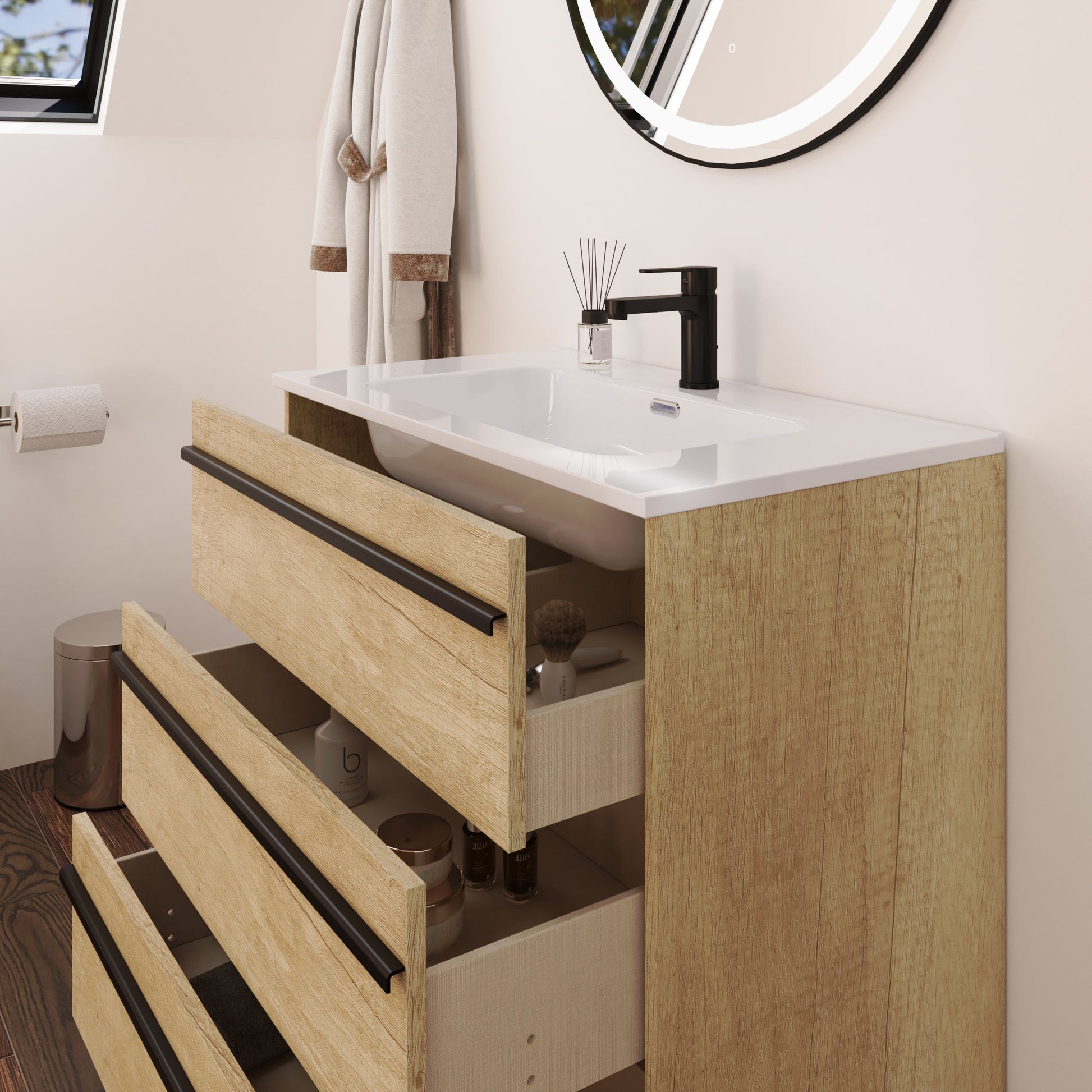 Mattila Noir 800mm Floorstanding Vanity Unit with Matt Black Handles - Rustic Oak