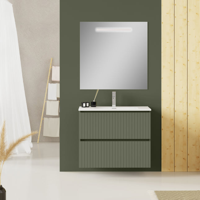 Luxe Muscat Sage Fluted Double Drawer Wall Hung Vanity Unit Including Basin 800mm x 390mm
