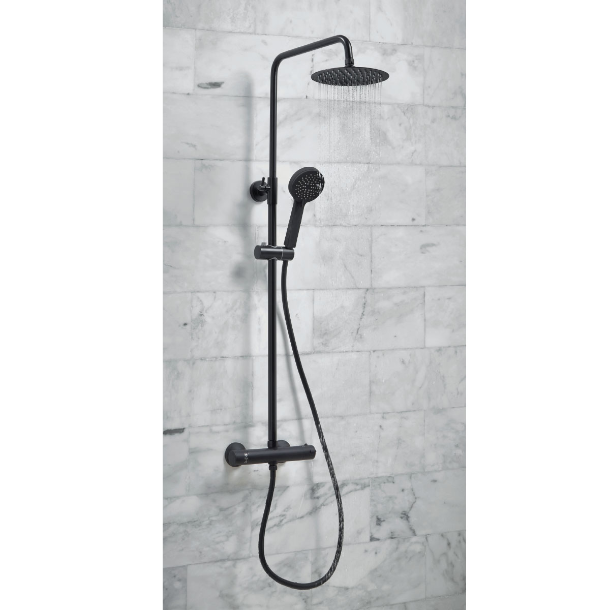 Raven Noir Black Round Rigid Riser Shower with Round Handset
