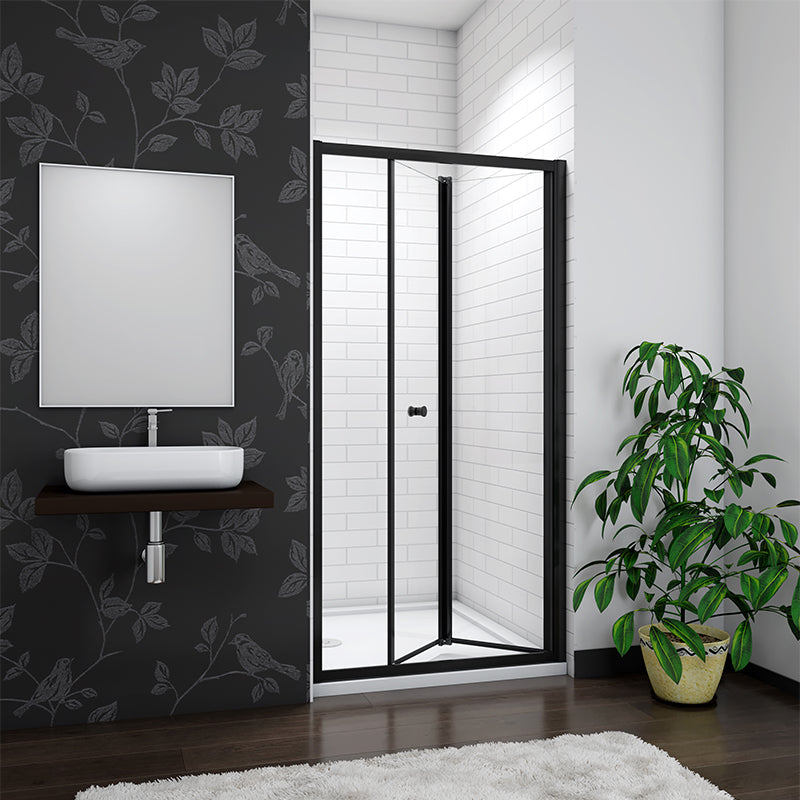 Aira 800mm Framed Matt Black Bifold Shower Door 5mm Glass