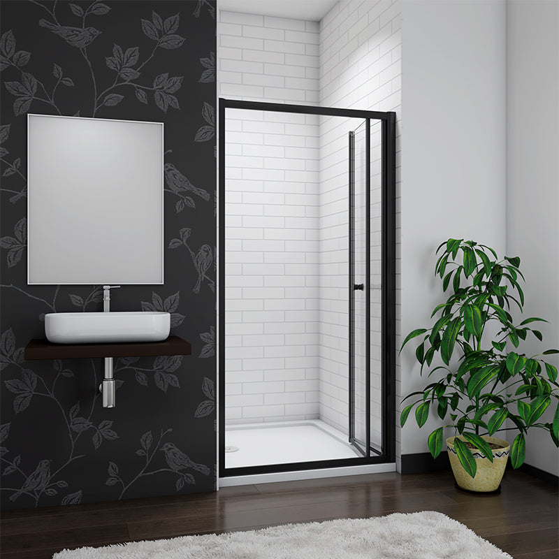 Aira 900mm Framed Matt Black Bifold Shower Door 5mm Glass