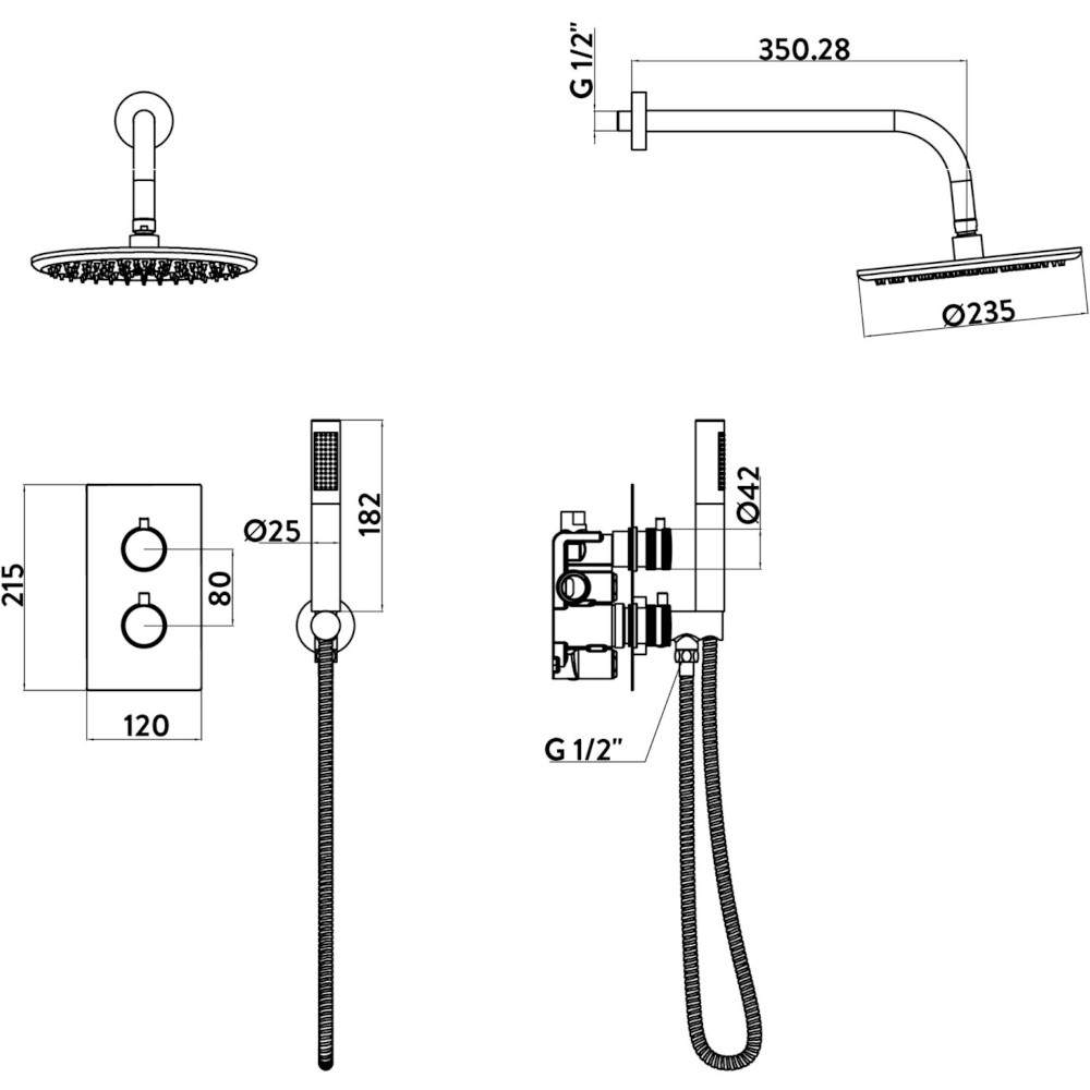 Vose Gunmetal Round Handle, Handset & Mounting Bracket Concealed Shower