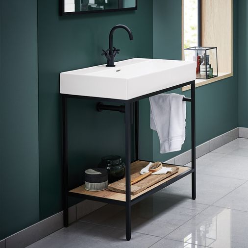 Black Vinci Noir 1000mm frame Unit with Oak Shelf & Basin - 1000mm x 460mm - Salgar