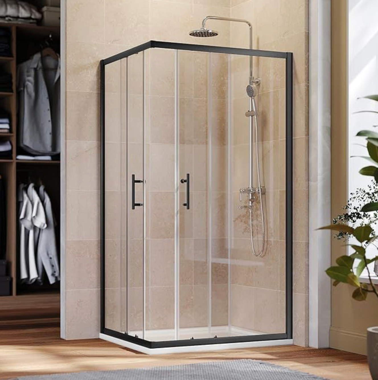 NILE Black Corner Entry Shower Enclosure 6mm Tempered Glass Sliding Shower Cubicle 1000mm