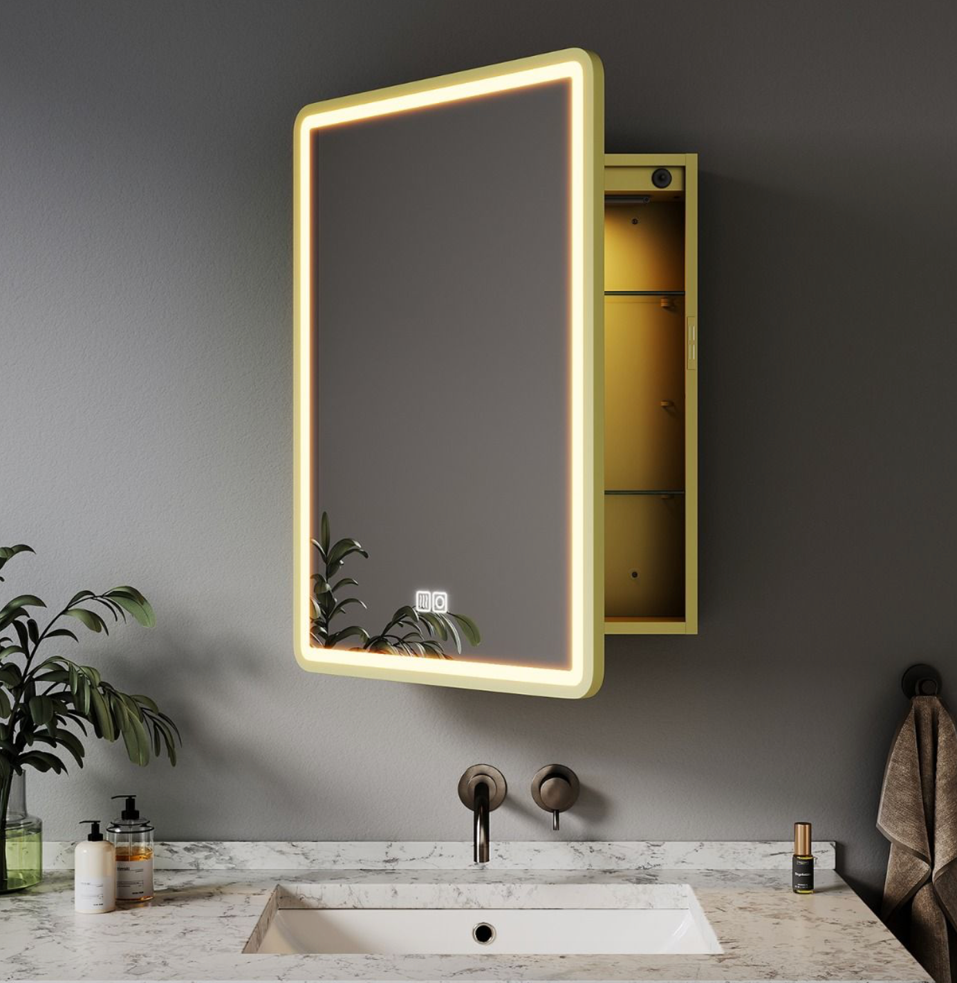 NILE Gold 500x700mm Illuminated Bathroom Mirror Cabinet with Shaver Socket