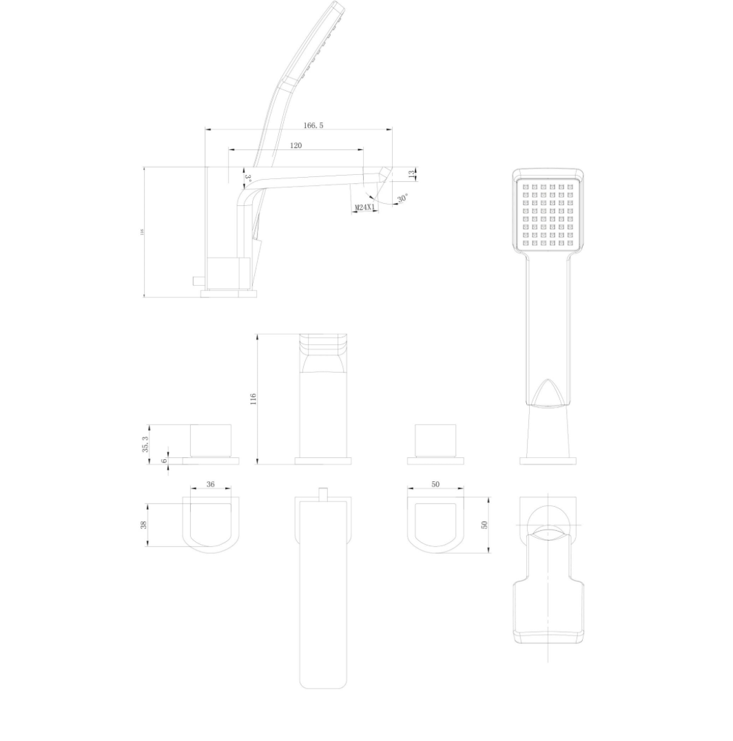 Muro Matt Black 4 Hole Bath Mixer