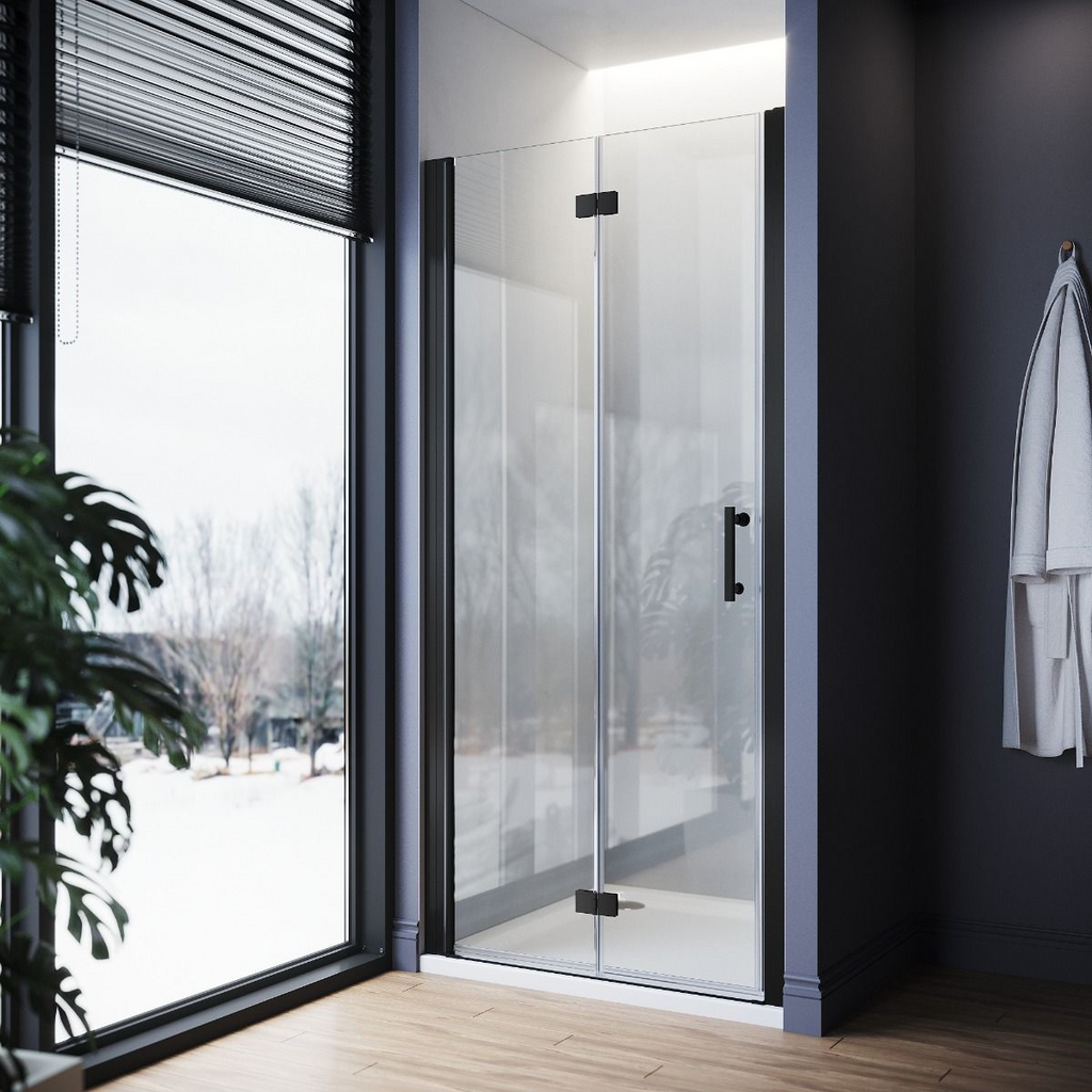 Aira 700mm Frameless Matt Black Bifold Shower Door 5mm Glass