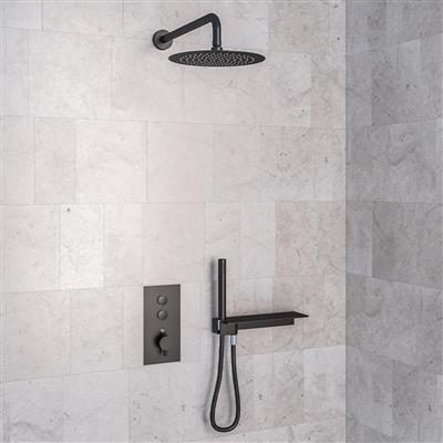 Shower Bundle with Concealed Push Button Valve, Shower Shelf, Round Shower Head & Arm - Matt Black
