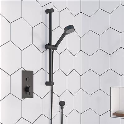 Raven Shower Bundle with Concealed Push Button Valve, Round Slide Riser Kit & Outlet Elbow - Smooth Black