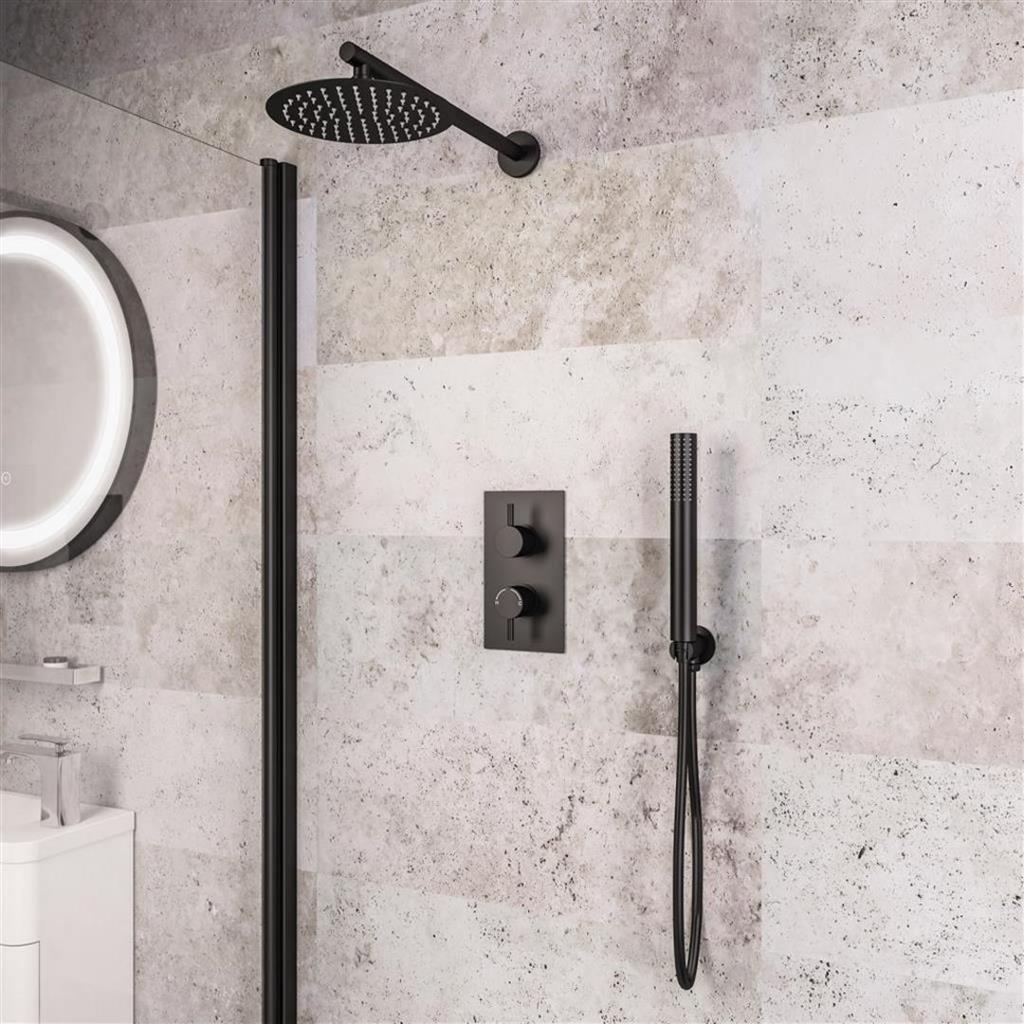 Raven Round Thermostatic Shower Bundle with Shower Head, Valve & Handset - Matt Black