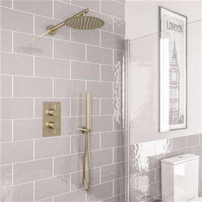 Haven Round Thermostatic Shower Bundle with Shower Head, Valve & Handset - Brushed Brass