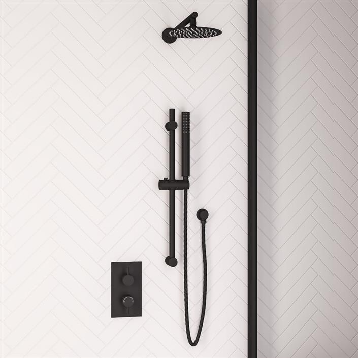 Raven Round Thermostatic Shower Bundle with Shower Head, Valve, Round Riser Kit & Handset - Black