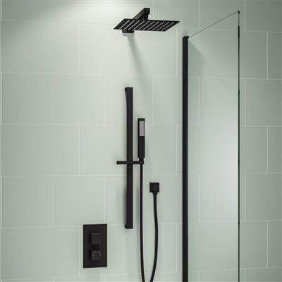 Raven Square Thermostatic Concealed Shower Bundle with Shower Head, Valve, Round Riser Kit & Handset - Black with Chrome