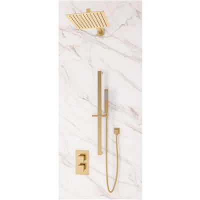 Haven Square Concealed Thermostatic Shower Bundle with Shower Head, Valve, Round Riser Kit & Handset - Brushed Brass