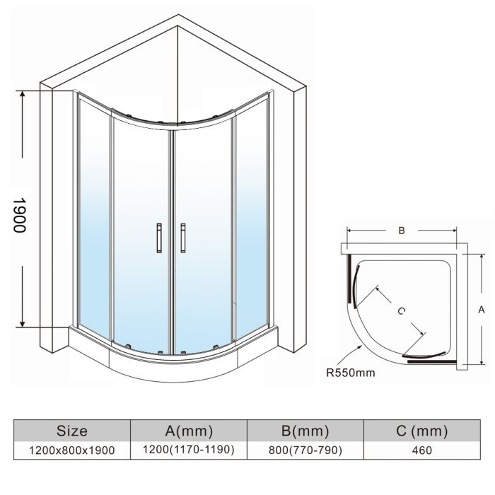 NILE 1200X800mm Reversible Offset Shower Enclosure 8mm Easy Clean Nano Glass Shower Cubicle