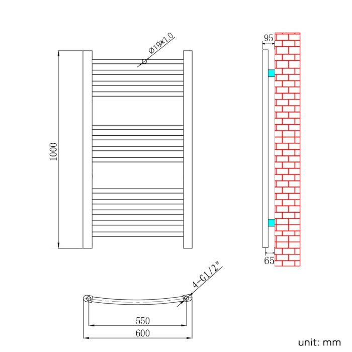 NILE 1000 x 600mm Curved Chrome Heated Bathroom Towel Ladder Radiator Rail