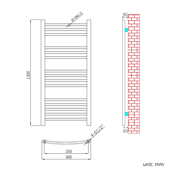 NILE  1200 x 400mm Curved Chrome Heated Bathroom Towel Ladder Radiator Rail
