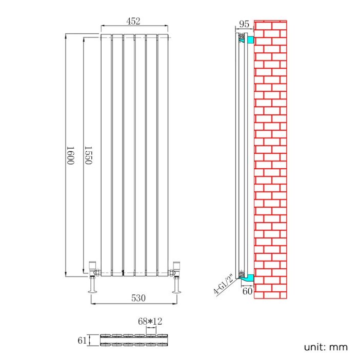 NILE 1600 x452mm Vertical Column Designer Double White Flat Panel Radiator