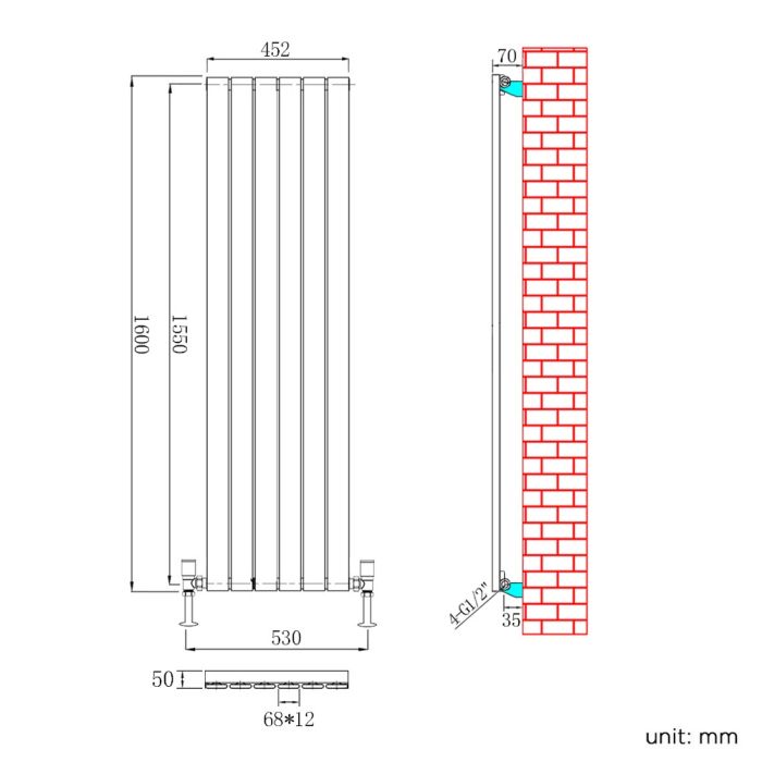 NILE 1600 x452mm Vertical Column Designer Single White Flat Panel Radiator