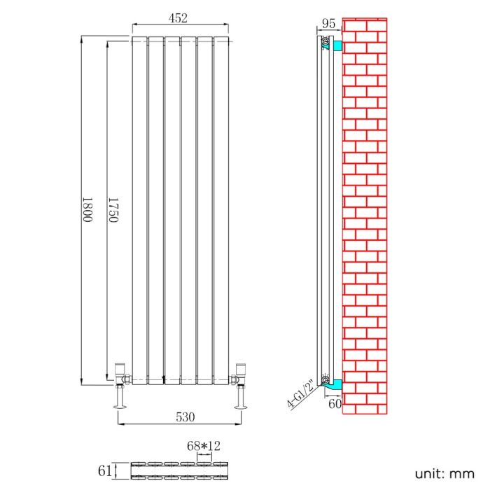 NILE 1800 x452mm Vertical Column Designer Double White Flat Panel Radiator
