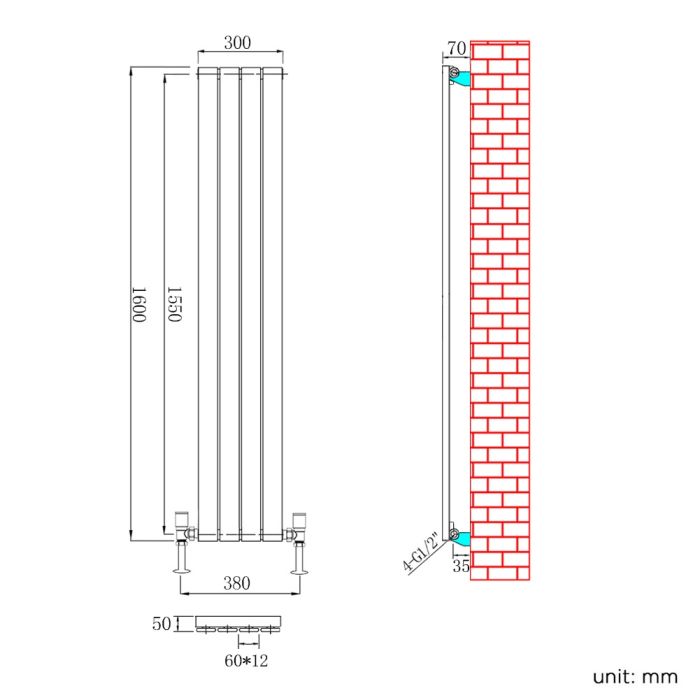NILE 1600 x300mm Vertical Designer Single White Flat Panel Column Radiator