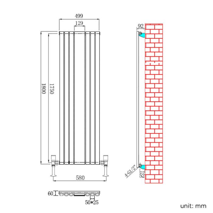NILE White 1800x500mm Vertical Oval Single Panel Mirror Radiator
