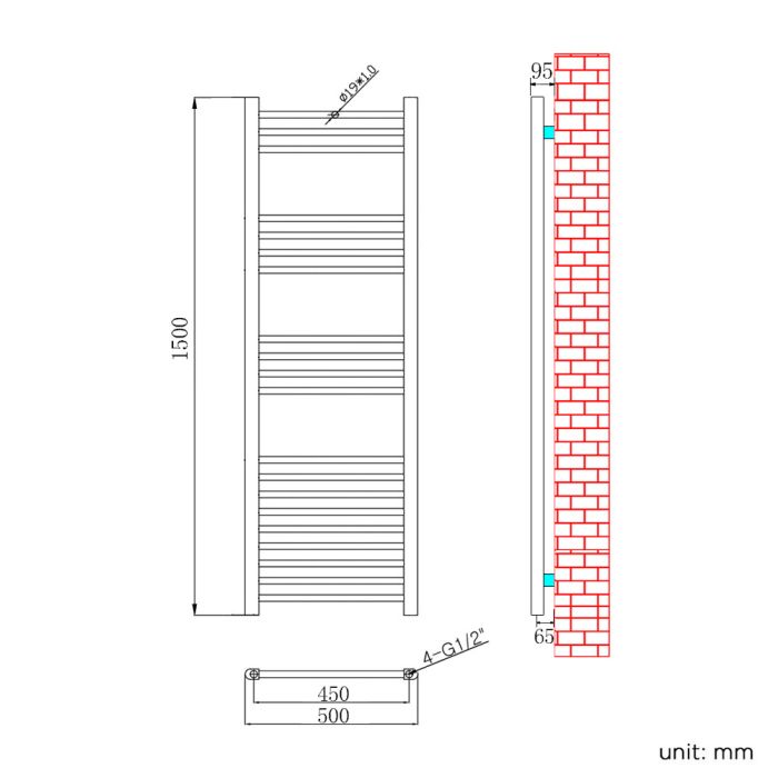 NILE 1500x500mm Designer Straight Chrome Bathroom Heated Towel Rail Radiator