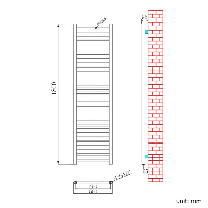 NILE 1800x500mm Designer Straight Chrome Bathroom Heated Towel Rail Radiator